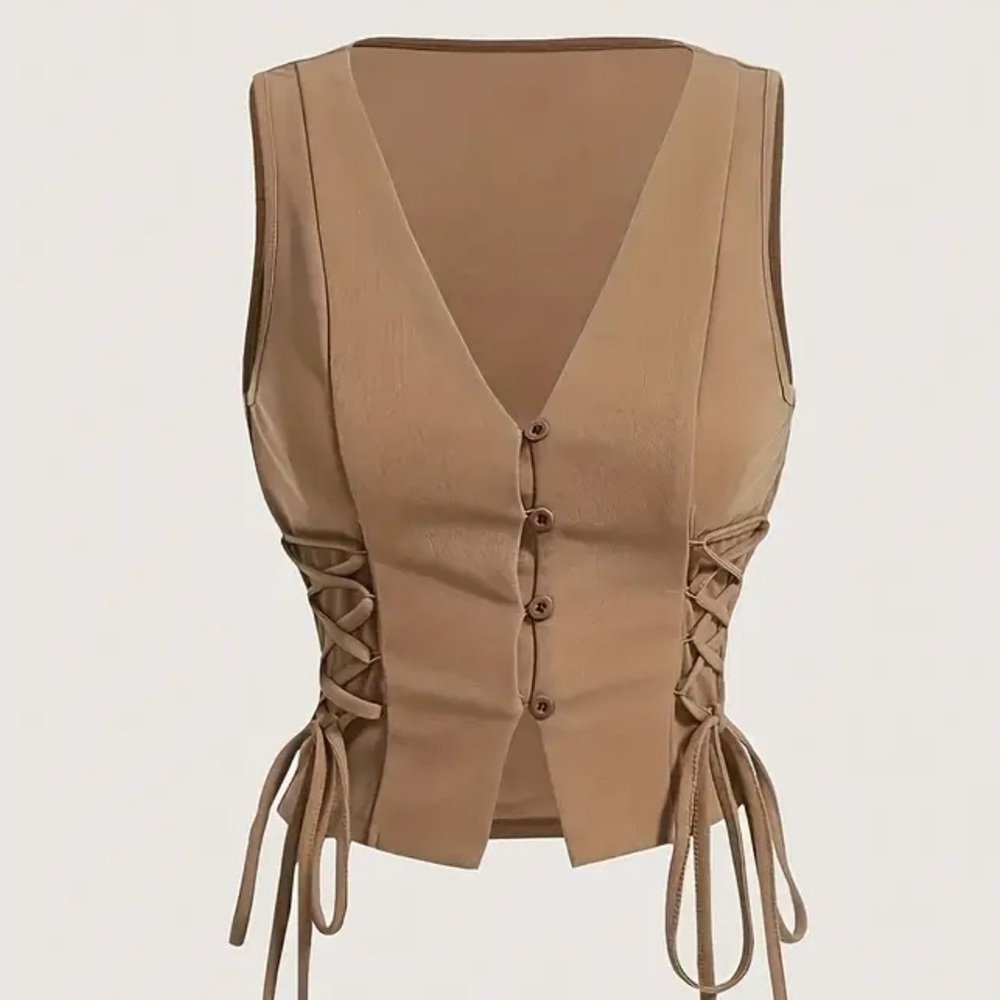 Crossed Frenulum Drawstring Side Cropped Vest ~ Tan